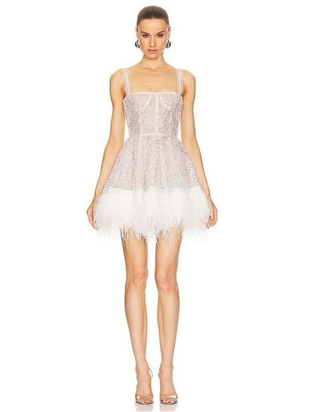 Bronx and Banco White Lace Mini Dress with Feather Hem
